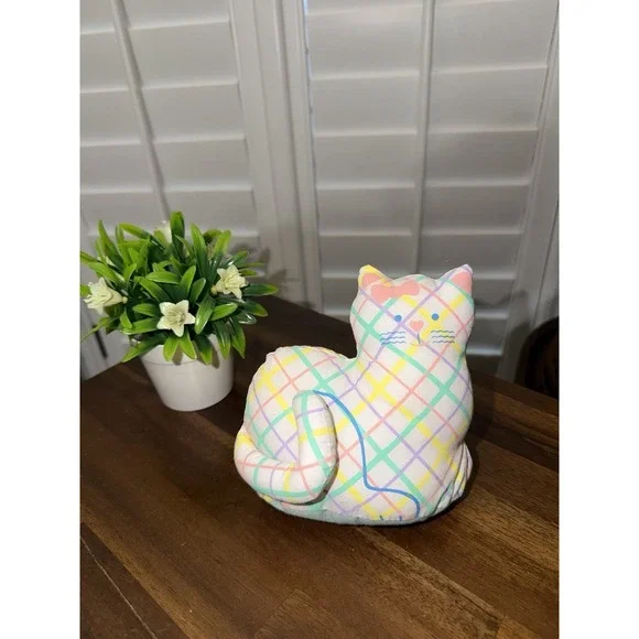 vintage AVON Plush Kitten Cat Pastel Plaid 1992 Green Pink Yellow Lovey 7" - Picture 1 of 4